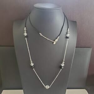 Swarovski Necklace with Crystals and Black Beads on Satin a‎ Cord Swan Signed